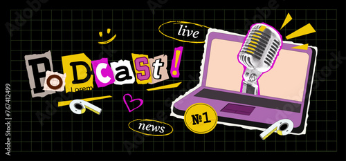 Cover for podcast. Laptop illustrations, speech bubbles with collage microphone, drawn elements in dark background. Vector Collage in trendy retro style with flat illustration. Paper cut-out