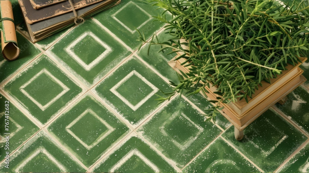a potted plant sitting on top of a green tile floor next to a notebook and a pair of scissors. a potted plant sitting on top of a green tile floor next to a notebook and a pair of scissors.