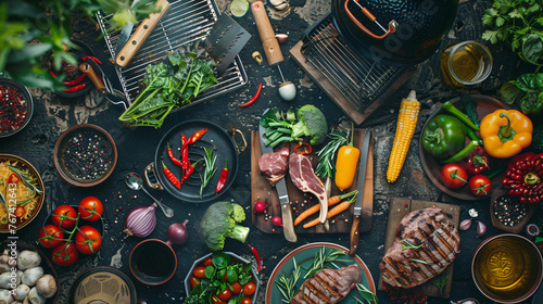 Summer barbecue flat lay with grilling tools meats and vegetables.