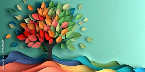 Vibrant Paper Art Style Tree Landscape
