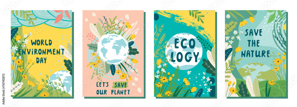 World Environment Day collection of posters with globe,plants, abstract shapes and handwritten.Vector illustrations for printing on fabric and paper.Colorful design for card,cover,banner template.