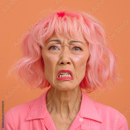 Portrait of an angry Asian woman 60 years old with pink hair in pink clothes on an isolated