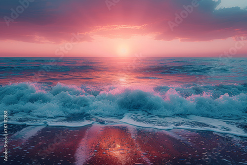A photograph capturing the cerulean and coral hues of a coastal sunrise, conveying the tranquil and serene beauty of dawn by the sea. Concept of coastal sunrise color palette. Generative Ai.