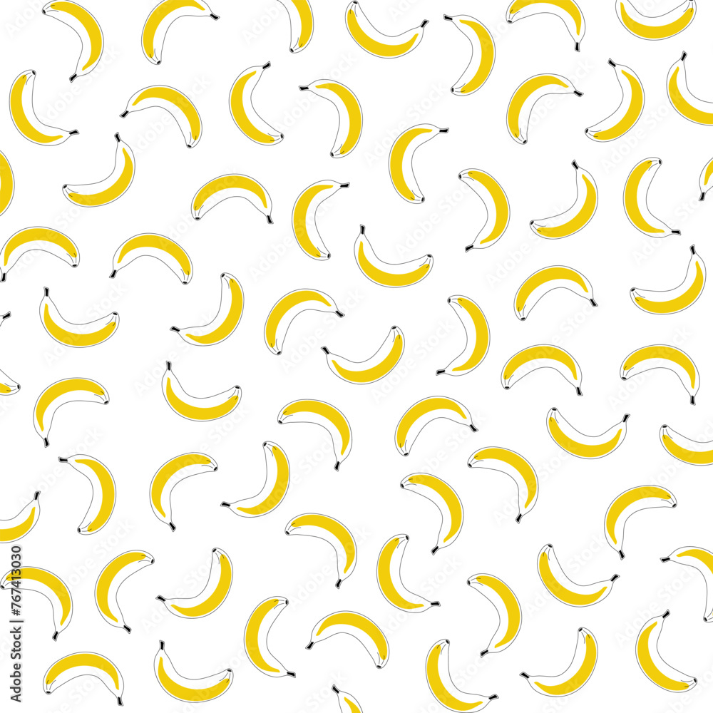 Contour pattern Bananas with a yellow drop. Chaotically scattered Linear Fruit print on a white background. Healthy ripe tropical food. Summer. Color image. Doodle style. Vector illustration Contour pattern Bananas with a yellow drop. Chaotically scattered Linear Fruit print on a white background. Healthy ripe tropical food. Summer. Color image. Doodle style. Vector illustration