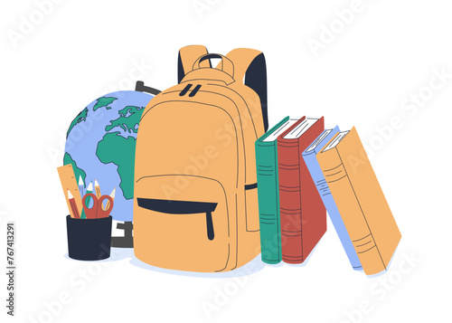 Back to school, online school banner, poster. Yellow backpack with school supplies on the background of checkered paper