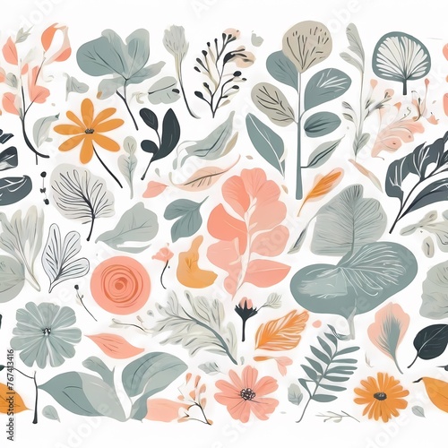 A collection of seamless pattern  colorful abstract plants and flowers. Hand drawn Collection of leaves and flowers. A close up of a pattern of flowers and leaves. 