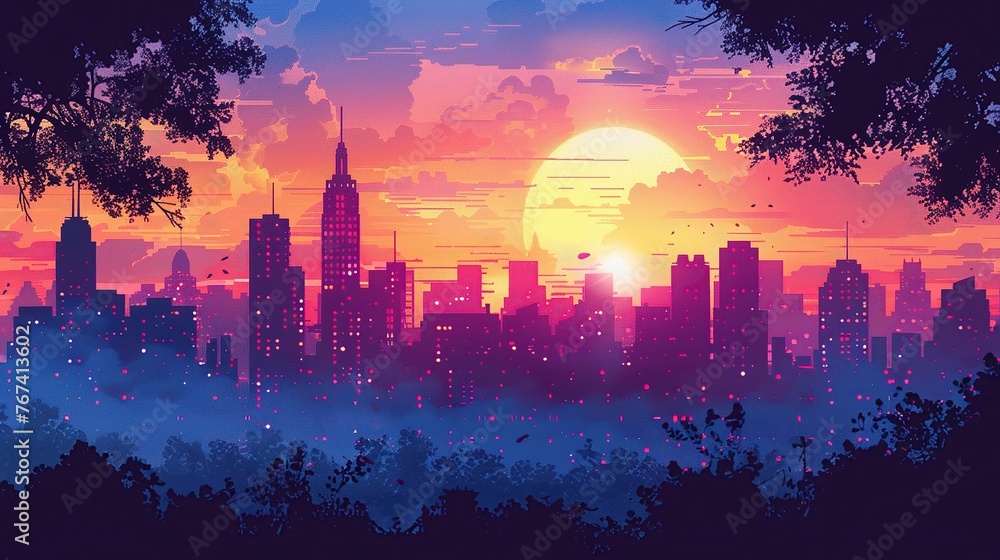 Cityscape against a colorful backdrop with city silhouettes and brightly shining lights