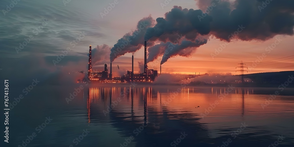 Smoke emitting from industrial complex at dusk raises environmental concerns about pollution and emissions. Concept Pollution, Industrial emissions, Environmental concerns, Dusk, Industrial complex - obrazy, fototapety, plakaty 