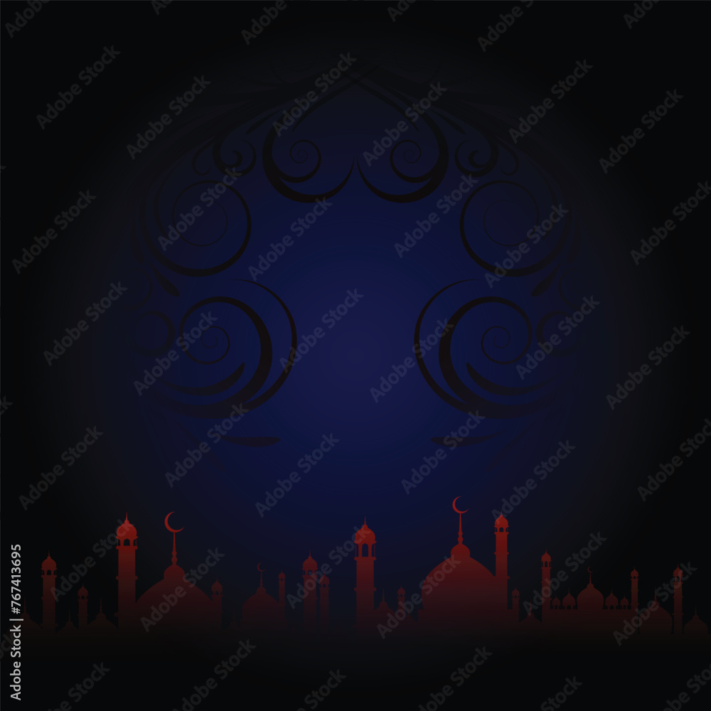 Fototapeta premium Premium Vector template for the celebration of Eid al-Fitr, Eid al-Adha, Ramadan, Islamic New Year, and others with premium and elegant designs. Floral effect. Mosque at bottom. Editable. EPS 10