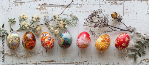 Easter eggs were adorned using a wax-resist technique passed down from Eastern European tradition, featuring contemporary designs. The scene includes a display of Pysanka, dried foliage,