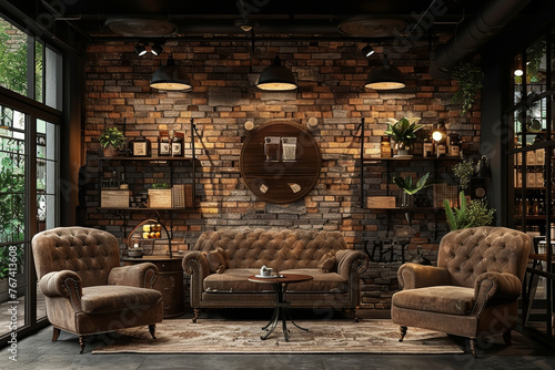 A chic coffee shop with exposed brick walls and cozy armchairs, providing a trendy setting for caffeine enthusiasts to savor their brew. Concept of contemporary coffee culture. Generative Ai. photo