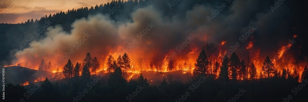 Fiery wildfire engulfing forest or urban area - obrazy, fototapety, plakaty 