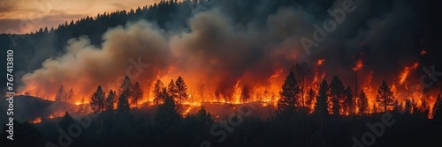 Fiery wildfire engulfing forest or urban area photo