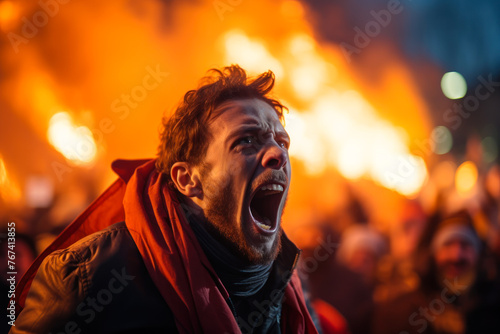 Intense Man Yelling at a Protest Amidst Flames.