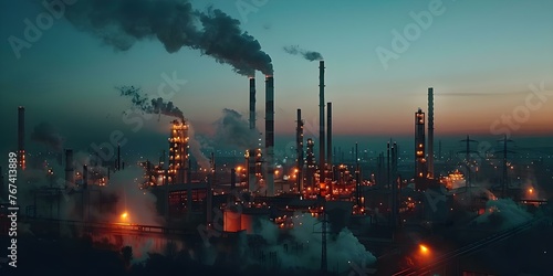 Industrial complex emitting smoke at dusk highlighting pollution impact and environmental concerns. Concept Pollution, Environment, Industrial Complex, Smoke Emissions, Dusk