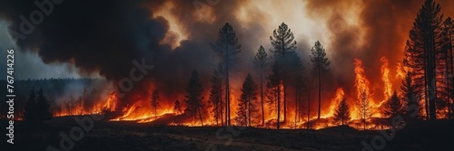 Fiery wildfire engulfing forest or urban area