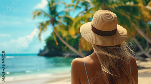 Rear view of a young woman in hat on the tropical beach with palm trees and blue ocean or sea with space for copy © GulArt