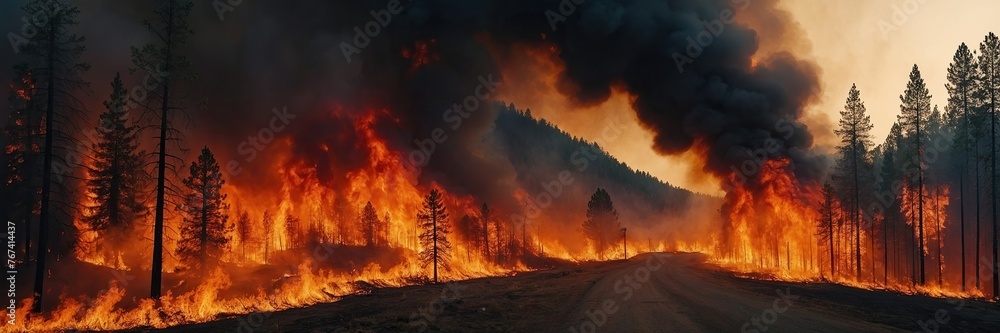 Fiery wildfire engulfing forest or urban area Fiery wildfire engulfing forest or urban area