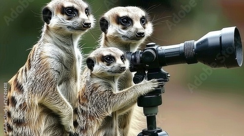  a group of meerkats standing next to each other on a tripod looking through a camera lens.