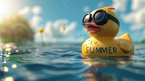 A rubber duck wearing black goggles floats on the water. 3D rendering. photo