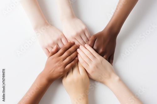 Various hands clasped together. Symbol of unity and cooperation, concept: multiculturalism and teamwork, diversification and inclusion and corporate training. photo