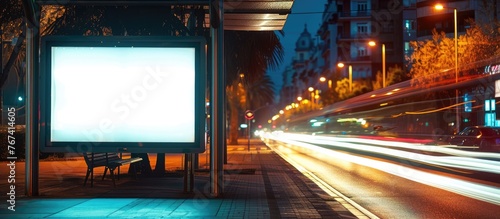 Advert light box displayed at a bus stop, a simulation of an unoccupied advertisement billboard in the nighttime bus station, a placeholder banner set against a city street backdrop in Barcelona, photo