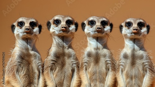  a group of meerkats standing next to each other in front of a brown wall with their eyes wide open.