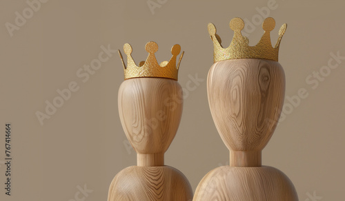 Two wooden figures with crown on the head on isolated background