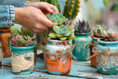 Female hands planting flower plants in painted and decorated pots, home gardening, eco-friendly concept, earth day, world day