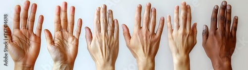 A row of raised hands of different skin tones.
Concept: equality, diversity and inclusion in materials on human rights, in publications on the International Day of Tolerance and multiculturalism. photo