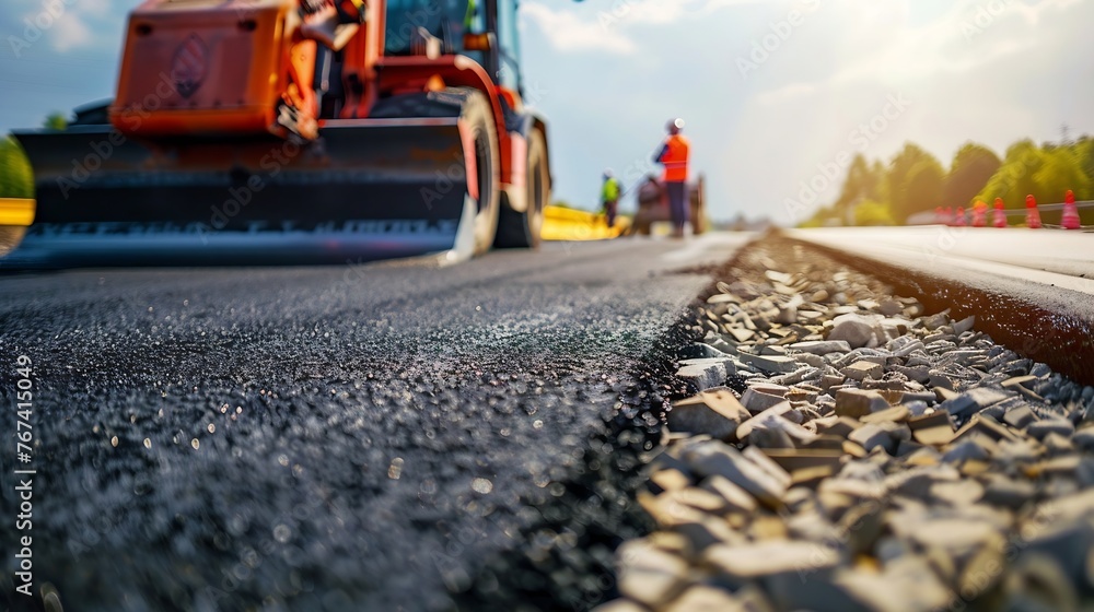 Generative AI : Construction site is laying new asphalt road pavement,road construction workers and road construction Generative AI : Construction site is laying new asphalt road pavement,road construction workers and road construction
