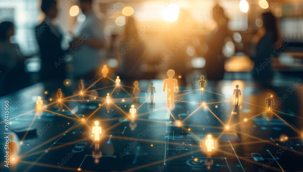 Business people standing in front of an office table with icons representing human connection and networks, with a blurred background Generative AI Business people standing in front of an office table with icons representing human connection and networks, with a blurred background Generative AI