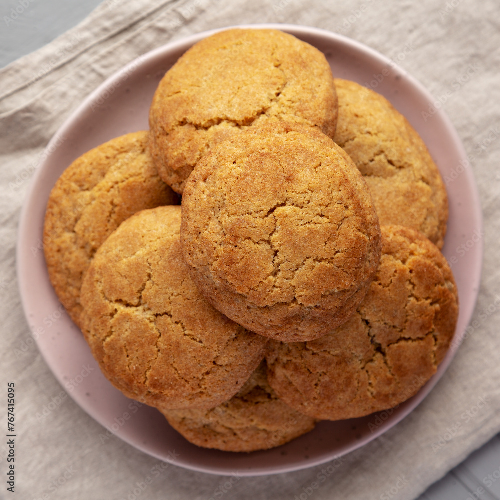 Homemade Soft And Chewy Snickerdoodle Cookies on a Plate, top view. Flat lay, overhead, from above. Homemade Soft And Chewy Snickerdoodle Cookies on a Plate, top view. Flat lay, overhead, from above.