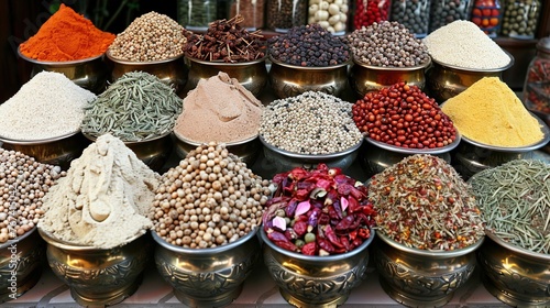 Spices in traditional markets, stalls, roadside markets, spices in jars, wooden boxes and burlap. The wisdom of the local economy.