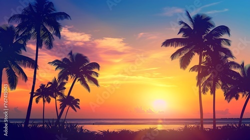 Generative AI : Silhouette of palm trees Beautiful sunset on the tropical sea beach background for travel in holiday relax time, © The Little Hut