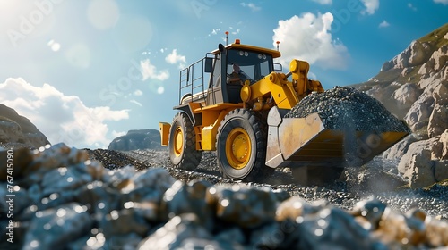 Generative AI : Yellow loader moving with uploaded bucket with stone gravel during road construction works. The stones for the road. Unloading stone.