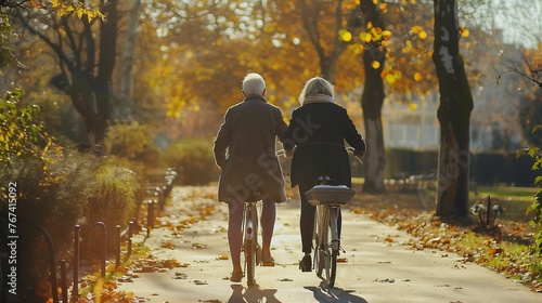 Generative AI : Caucasian elderly couples walking with a bicycle in the natural autumn sunlight garden 