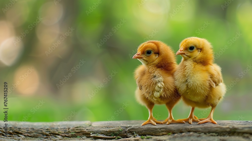 Generative AI : Close up cute little chicken yellow and brown from back view on natural or green background pattern for concept design Generative AI : Close up cute little chicken yellow and brown from back view on natural or green background pattern for concept design