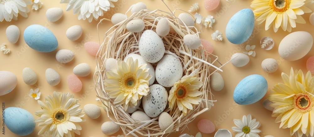 Fototapeta premium Easter-themed decorations with candies and flowers on a beige background, symbolizing the joy of Easter. The display includes white and blue eggs in a nest with treats.