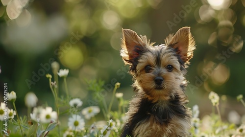 Generative AI : adorable biro yorkshire terrier puppy posing outdoors with flowers © The Little Hut