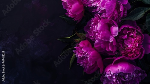 Generative AI : Beautiful Violet peonies bouquet on black. Floral background. Natural flowers pattern.