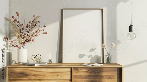Generative AI : Design scandinavian interior of living room with wooden console, rings on the wall photo