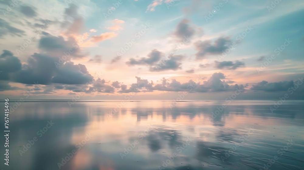 Fototapeta premium Generative AI : Landscape Long exposure of majestic clouds in the sky sunset or sunrise over sea with reflection in the tropical sea.