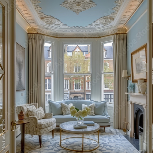 interior  living room in a victorian architecture style  clean modern design featuring pastel color scheme