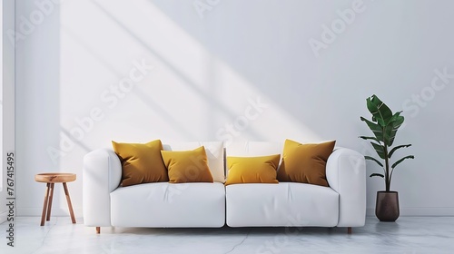 Generative AI : Simple minimal sofa decorated with brown yellow pillows in white living room. © The Little Hut