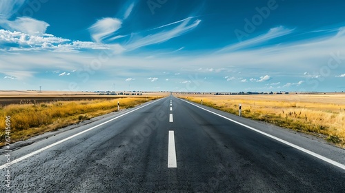 Generative AI : highway in steppe against a blue sky,long road stretching out into the distance photo