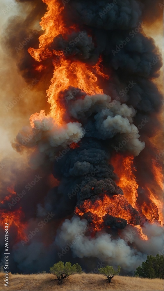 Fiery wildfire engulfing forest or urban area