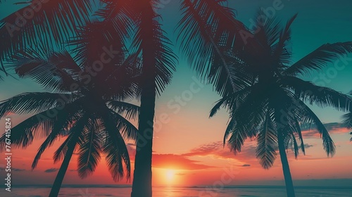 Generative AI : Silhouette of palm trees Beautiful sunset on the tropical sea beach background for travel in holiday relax time,