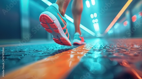 Portrait low angle of a person running using sports shoes, gradient background