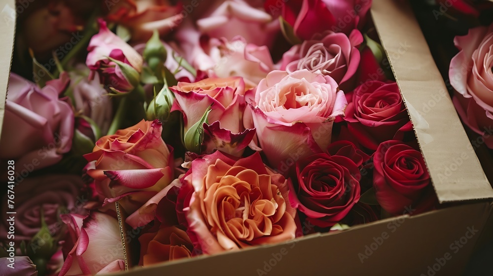 Obraz premium Generative AI : Close up view of beautiful flowers mix in the box. Unpacking and deliver roses. 